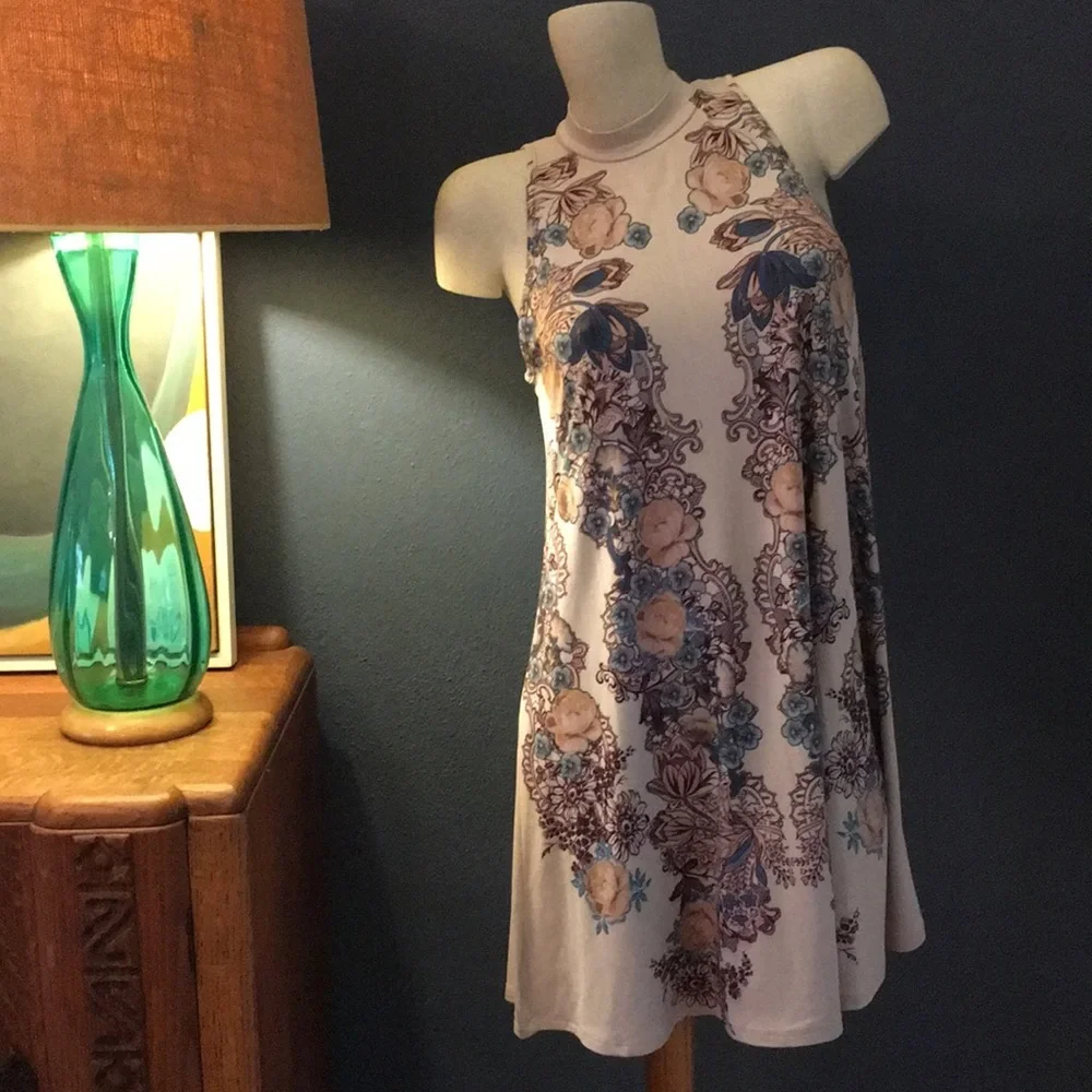 NWT High Neck Tan Blue Print Mini Dress S - Picture 3 of 5